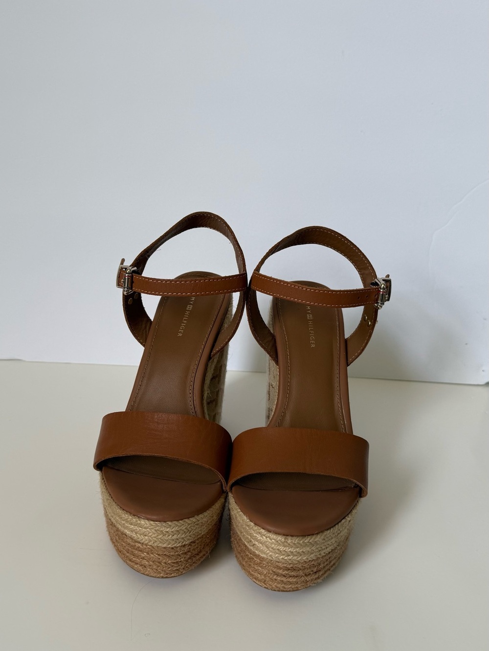 Tommy Hilfiger Tan Leather Espadrille Wedge Sandals